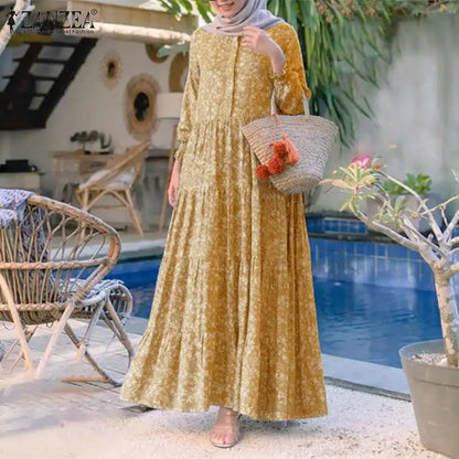 Vinatage Robe 2023 Autumn ZANZEA Retro Floral Print Muslim Dress Womens Fashion Rayon Long Vestidos Casual Loose Ruffle Dresses