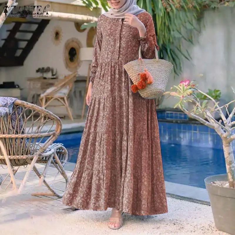 Vinatage Robe 2023 Autumn ZANZEA Retro Floral Print Muslim Dress Womens Fashion Rayon Long Vestidos Casual Loose Ruffle Dresses
