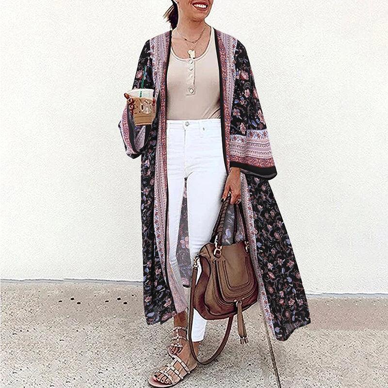 Bohemian Floral Printed Shirt Kimono ZANZEA Summer Beach Cardigan Women Open Front Long Sleeve Casual Blouse Vintage Long Tops