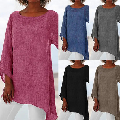 Hot Blouse Women Solid Color Cotton Linen O-Neck Long Sleeve Irregular Tunic Top Spring Summer Oversized Shirts