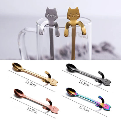 Stainless Steel Spoons Lovely Cartoon Cat Hanging Coffee Cup Hanging Spoon Ice Cream Dessert Teaspoon Creative Kitchen Accessory