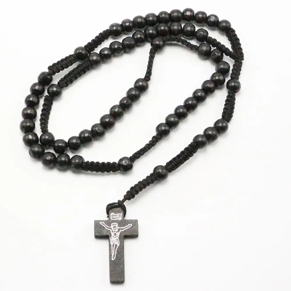 Hot Fashion Women Men Catholic Christ Religious Jewelry Wooden 8mm Rosary Beads Cross Woven Rope Necklace Sweater Chain Decor