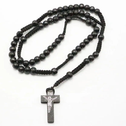 Hot Fashion Women Men Catholic Christ Religious Jewelry Wooden 8mm Rosary Beads Cross Woven Rope Necklace Sweater Chain Decor
