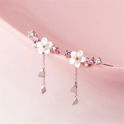 Sweet Pink Cherry Blossom Shell Drop Tassel Earrings for Women Girls Party Fashion Jewelry Gifts temperament flower earrings