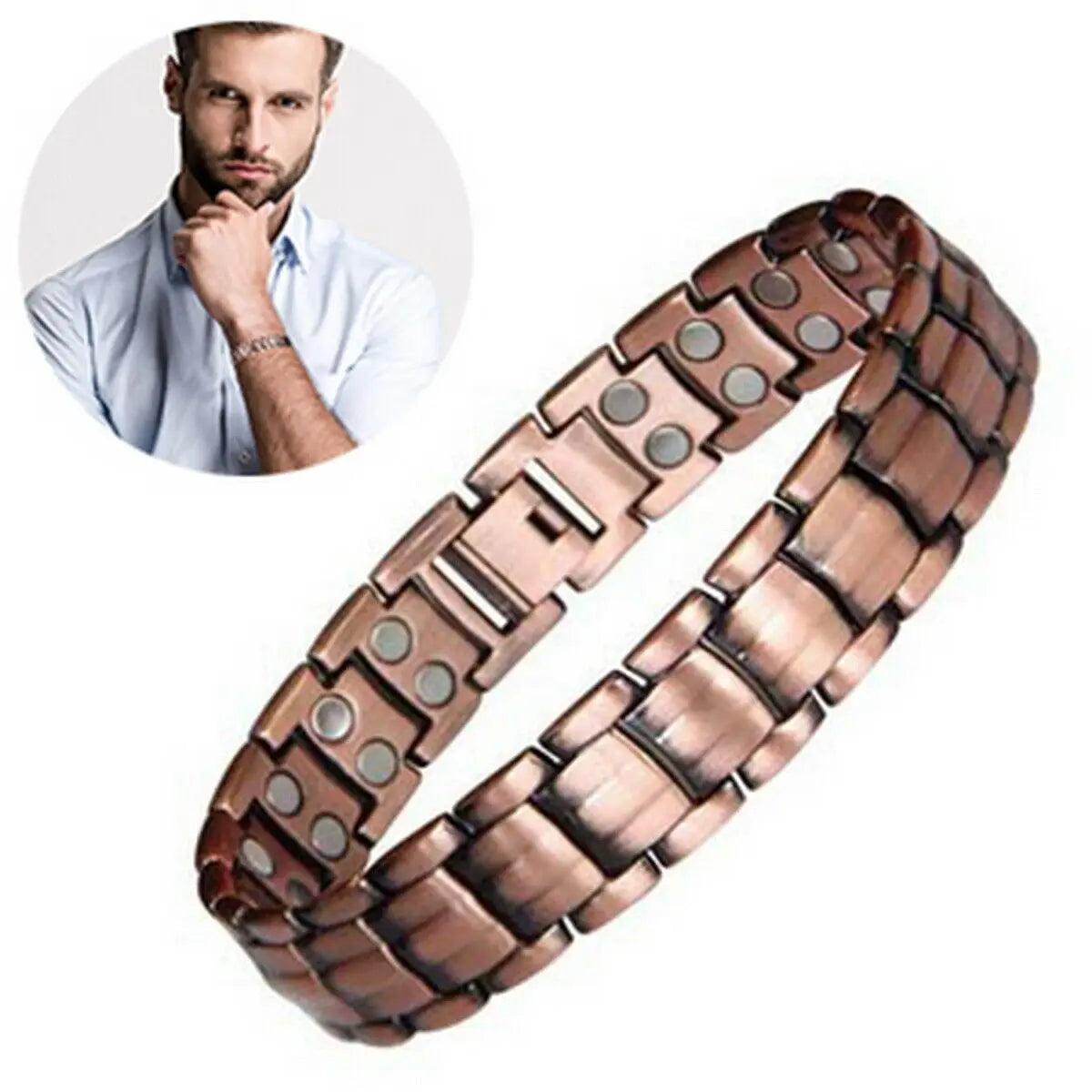 Vintage Pure Copper Magnetic Pain Relief Bracelet For Men Therapy Double Row Magnets Link Chain Stainless Steel Men Jewelry