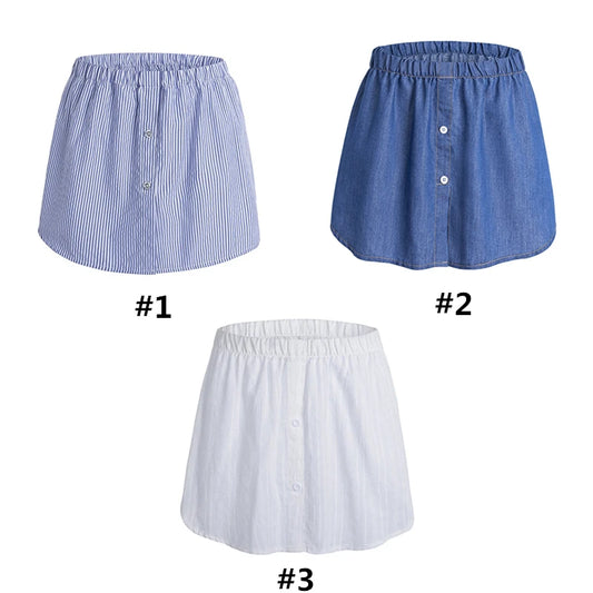 Women Layering Fake Top Lower Sweep Skirt Buttons Blue Striped Blouse A-Line False Hem High Waist Skirt Extenders for Sweater Sw