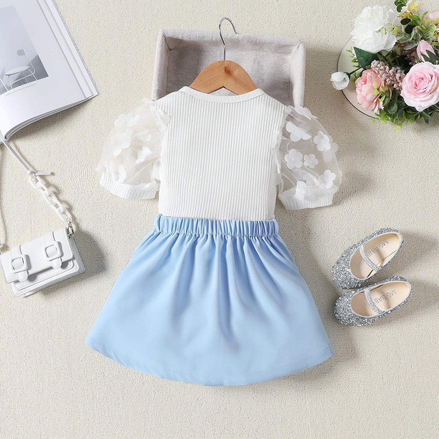 Pudcoco Baby Girls Two Piece Outfits Flower Mesh Short Sleeve Tops and Pleated Skirt Set Toddler Summer Clothes