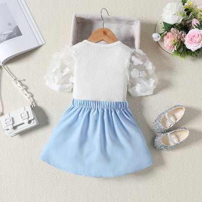 Pudcoco Baby Girls Two Piece Outfits Flower Mesh Short Sleeve Tops and Pleated Skirt Set Toddler Summer Clothes