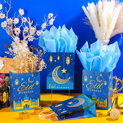 1pc 2024 Eid Mubarak Gift Bags Ramadan Party Decoration Ramadan Kareem Candy Cookie Gift Packing Paper Bag Handbag Muslim Suppli