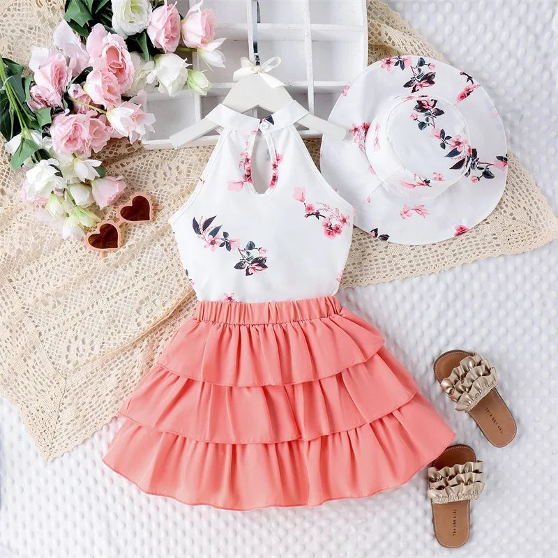 Pudcoco Kids Baby Girl 3Pcs Summer Outfits Sleeveless Mock Neck Tops + Ruffle Skirt + Bucket Hat Set Toddler Clothes 4-7T