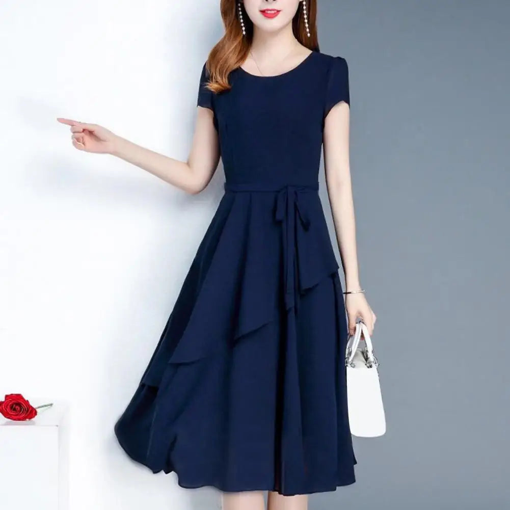 Mid-length Dress Elegant Lace Up A-line Midi Dress with Short Sleeves for Women O-neck Streetwear Layered Hem Oversize Korean