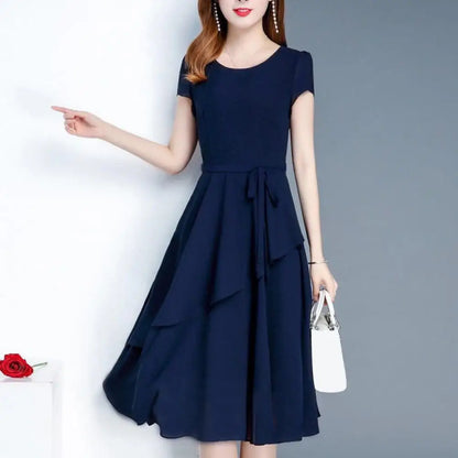 Mid-length Dress Elegant Lace Up A-line Midi Dress with Short Sleeves for Women O-neck Streetwear Layered Hem Oversize Korean