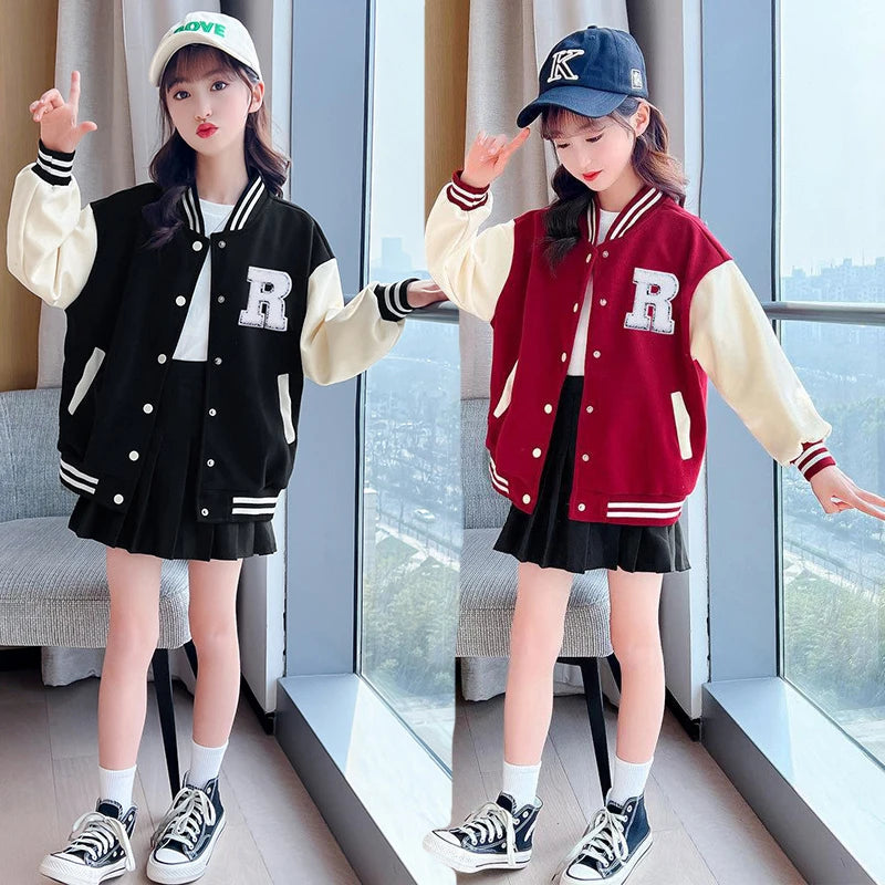 Spring Autumn Teenagers Girls Jacket Patchwork Letter Print Baseball Uniform Coat For 4-14 Years Kids Fashion Outwear