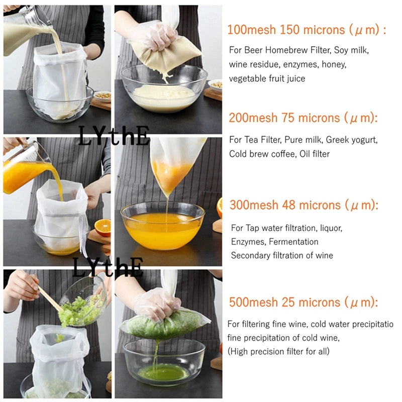 60-500Mesh Food Grade Nylon Filter Bag Nut Milk Tea Fruit Coffee Wine Mesh Net Sieve Strainer Reused Kitchen Filter Fabric Bags