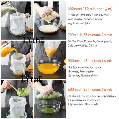 60-500Mesh Food Grade Nylon Filter Bag Nut Milk Tea Fruit Coffee Wine Mesh Net Sieve Strainer Reused Kitchen Filter Fabric Bags
