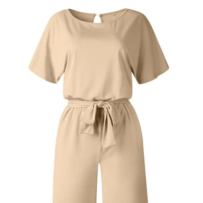 Loose Women Jumpsuits Romper Cropped Pants Wide Leg Solid Color Short Sleeves Belt Batwing Sleeve t Summer Jumpsuit Elegant