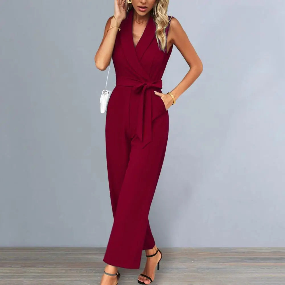 Wide-leg Jumpsuit Pure Color Jumpsuit Stylish Women's V-neck Sleeveless Jumpsuit with Wide Leg Belted High Waist for Summer Work