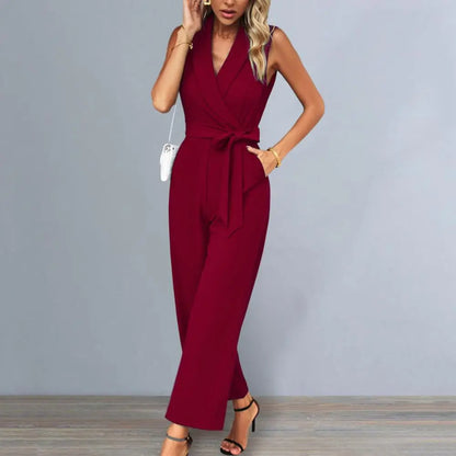 Wide-leg Jumpsuit Pure Color Jumpsuit Stylish Women's V-neck Sleeveless Jumpsuit with Wide Leg Belted High Waist for Summer Work