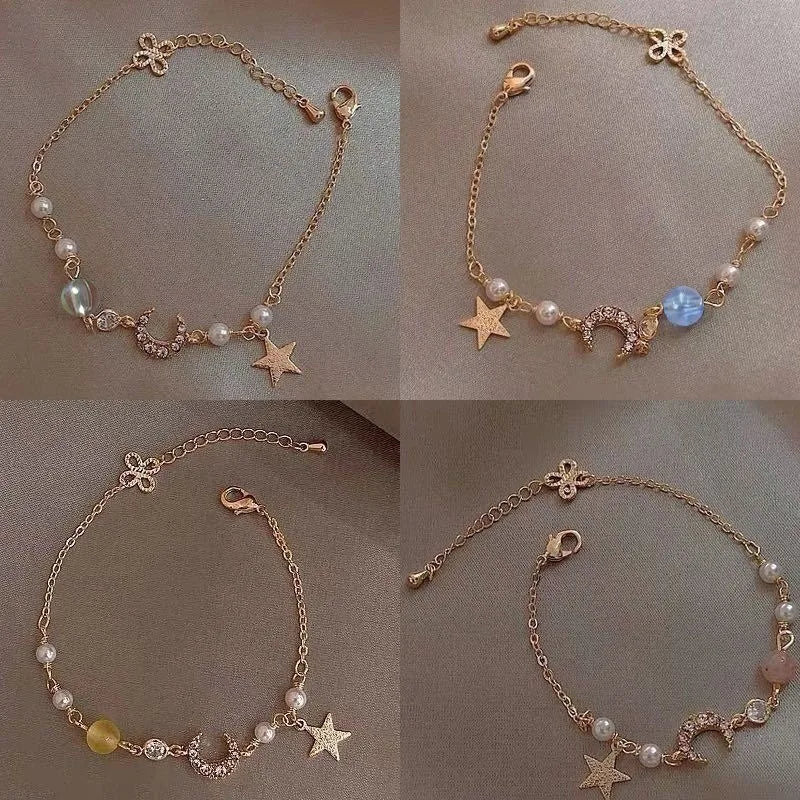 Charm Girl Gold Color Star Moon Bracelet Set Simple Geometric Fashion Women Popular Elegant Alloy Chain Bracelets Jewelry