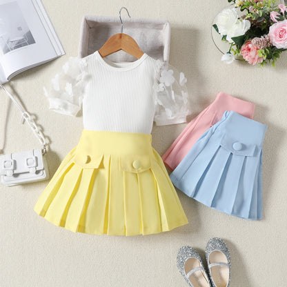 Pudcoco Baby Girls Two Piece Outfits Flower Mesh Short Sleeve Tops and Pleated Skirt Set Toddler Summer Clothes