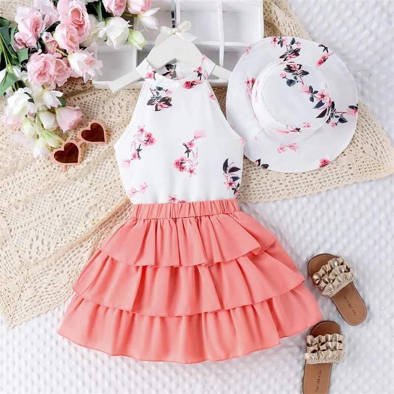 Pudcoco Kids Baby Girl 3Pcs Summer Outfits Sleeveless Mock Neck Tops + Ruffle Skirt + Bucket Hat Set Toddler Clothes 4-7T