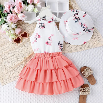 Pudcoco Kids Baby Girl 3Pcs Summer Outfits Sleeveless Mock Neck Tops + Ruffle Skirt + Bucket Hat Set Toddler Clothes 4-7T
