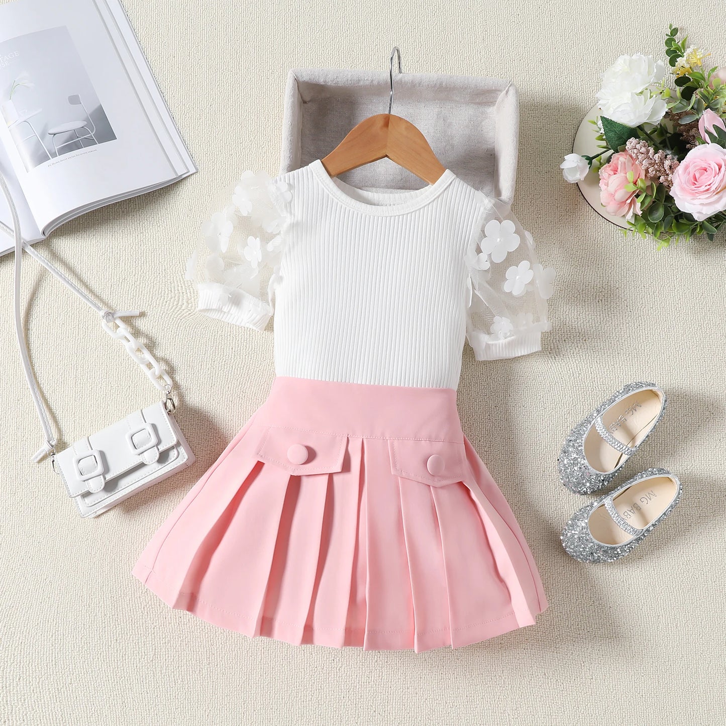 Pudcoco Baby Girls Two Piece Outfits Flower Mesh Short Sleeve Tops and Pleated Skirt Set Toddler Summer Clothes