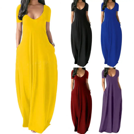 Oversize O-Neck Pockets Long Dress Casual Solid Short Sleeve High Waist Women Summer Party Daily Travel Maxi Wear