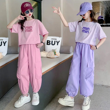 Summer Teen Girls Clothing Sets Children Fashion Korean Style Letter Tops + Pants 2Pcs Outfits Kids Tracksuit 5 6 8 10 12 14 Yrs