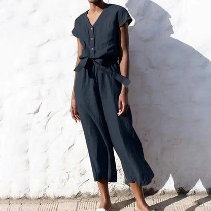Summer V-neck Jumpsuit Stylish Short Sleeve Half Placket Belt Design Wide Leg Jumpsuit Solid Color Casual Playsuit Streetwear
