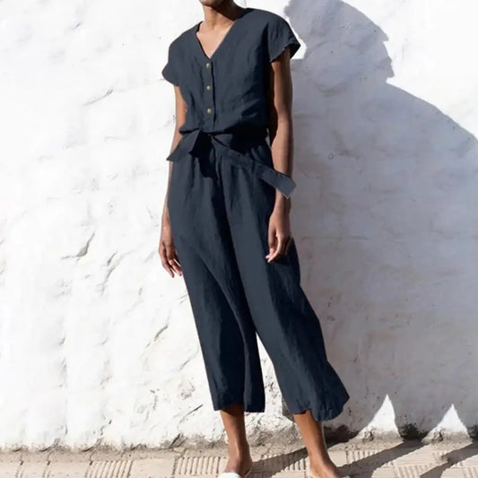 Summer V-neck Jumpsuit Stylish Short Sleeve Half Placket Belt Design Wide Leg Jumpsuit Solid Color Casual Playsuit Streetwear