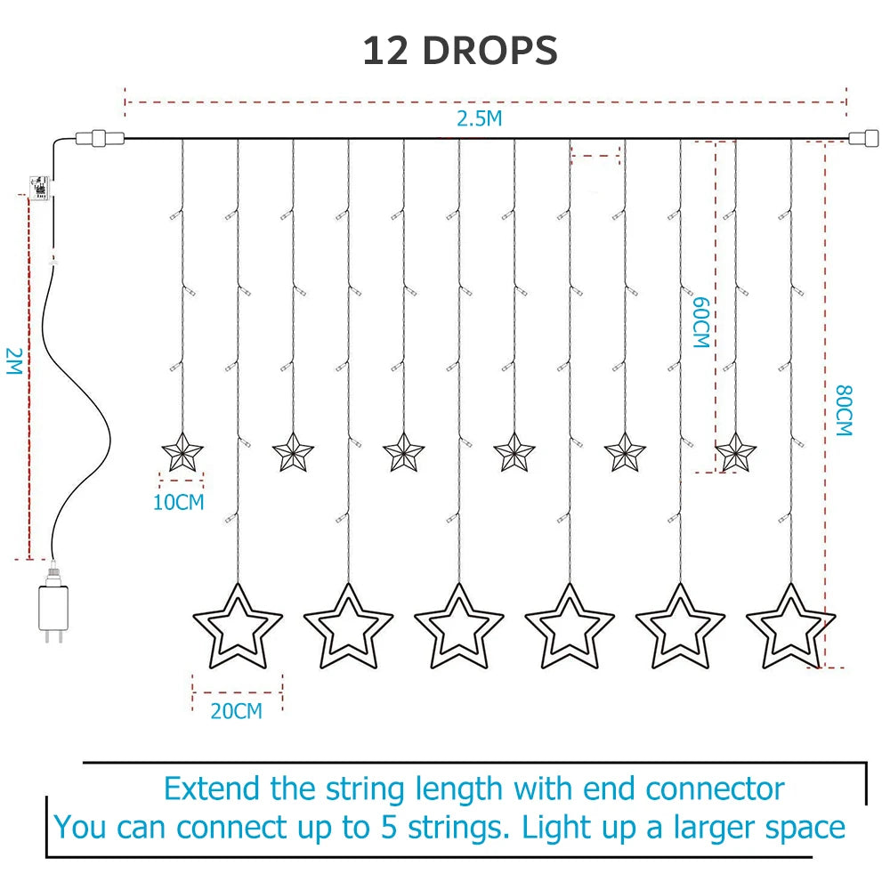 138LED Star String Light Waterproof 8 Modes Warm White Curtain Lights for Ramadan Party Bedroom Wedding Christmas Decoratio