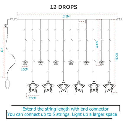 138LED Star String Light Waterproof 8 Modes Warm White Curtain Lights for Ramadan Party Bedroom Wedding Christmas Decoratio