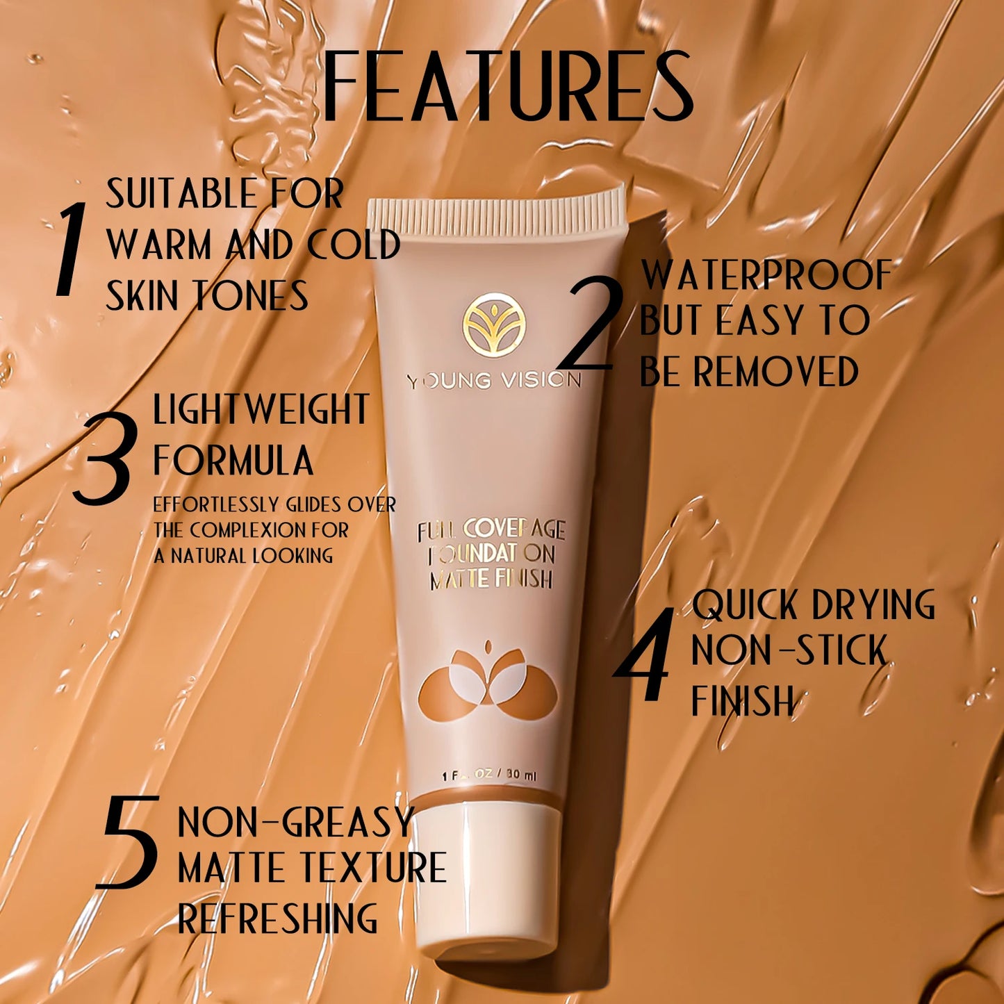 30ml Matte Liquid Foundation Cream Smooth LongWear Oil-Control Full Coverage Concealer Waterproof Contour Wheat Tone Makeup Base