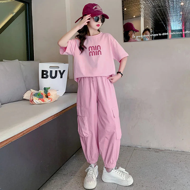 Summer Teen Girls Clothing Sets Children Fashion Korean Style Letter Tops + Pants 2Pcs Outfits Kids Tracksuit 5 6 8 10 12 14 Yrs