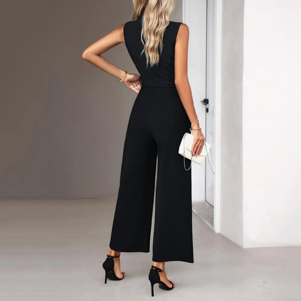 Wide-leg Jumpsuit Pure Color Jumpsuit Stylish Women's V-neck Sleeveless Jumpsuit with Wide Leg Belted High Waist for Summer Work