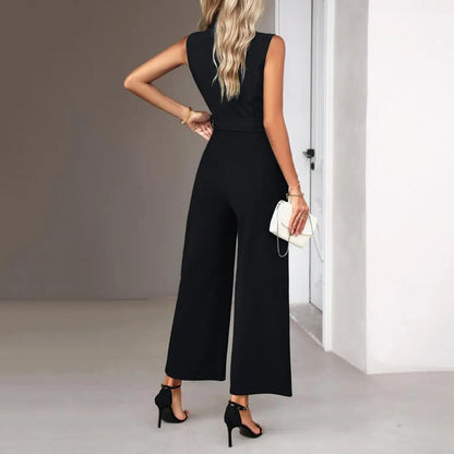 Wide-leg Jumpsuit Pure Color Jumpsuit Stylish Women's V-neck Sleeveless Jumpsuit with Wide Leg Belted High Waist for Summer Work