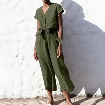 Summer V-neck Jumpsuit Stylish Short Sleeve Half Placket Belt Design Wide Leg Jumpsuit Solid Color Casual Playsuit Streetwear