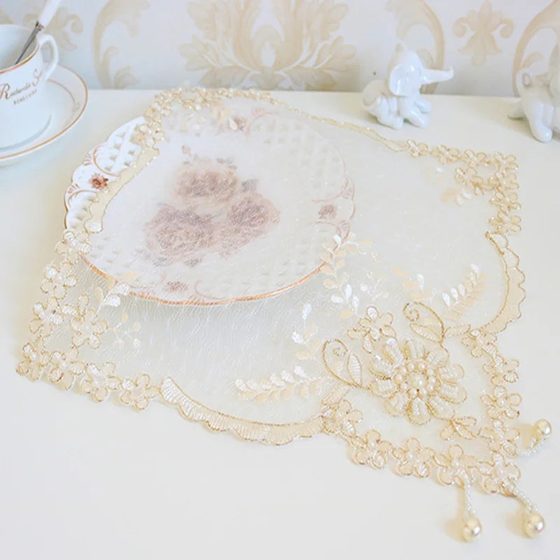 Popular Mesh beads gold flower embroidery table place mat cloth pad cup coffee coaster doily kitchen wedding Christmas placemat
