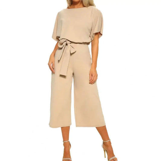 Loose Women Jumpsuits Romper Cropped Pants Wide Leg Solid Color Short Sleeves Belt Batwing Sleeve t Summer Jumpsuit Elegant