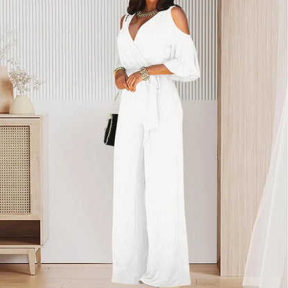 2023 Spring And Autumn Women's Jumpsuit Hollowed Out Strapless Solid Color Women's Jumpsuit V-neck High Waist Belt Wide-leg Pant