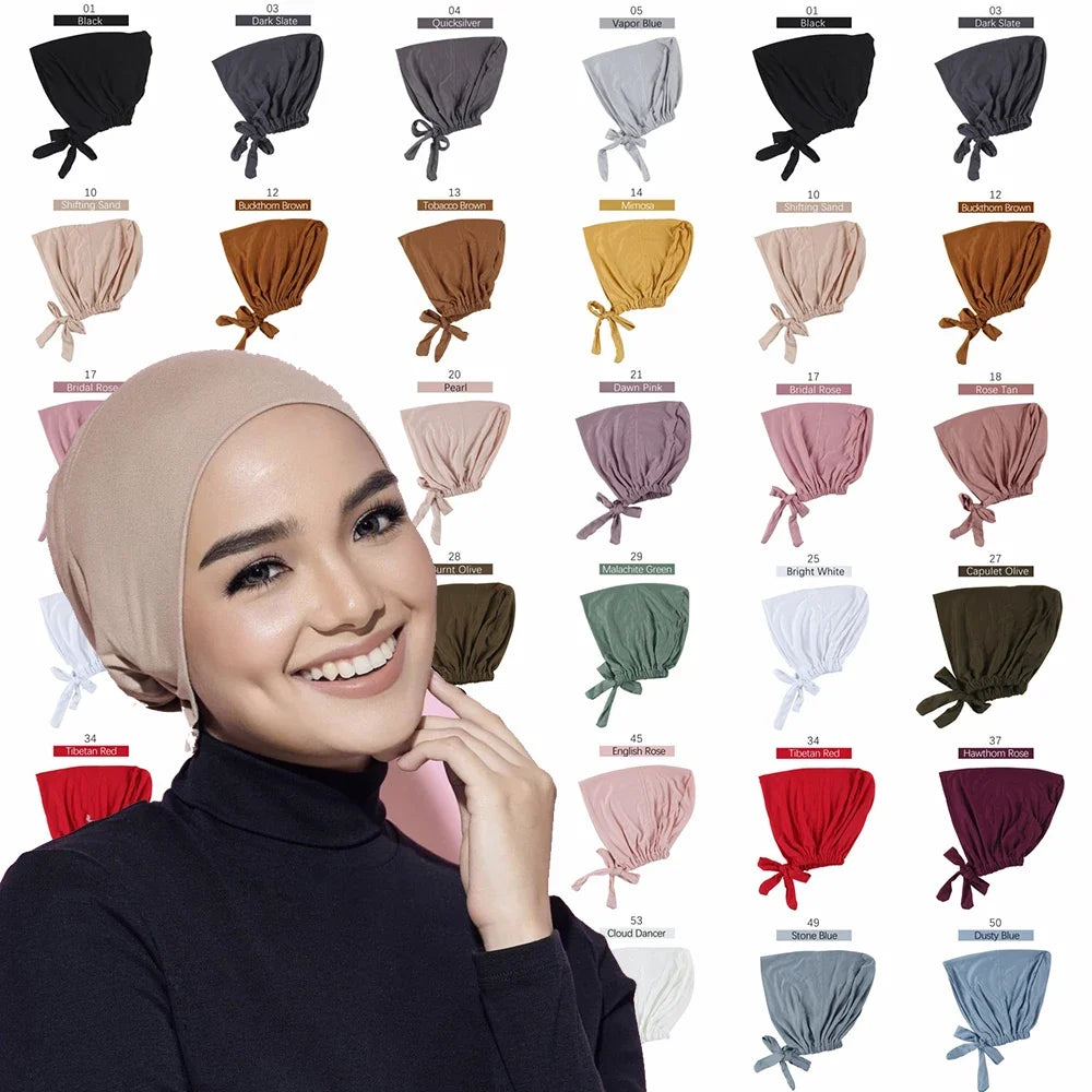 Modal Muslim Turban Hat Inner Hijab Caps Islamic Underscarf Bonnet India Hat Female Headwrap Turbante Mujer Hijab Cap with Rope