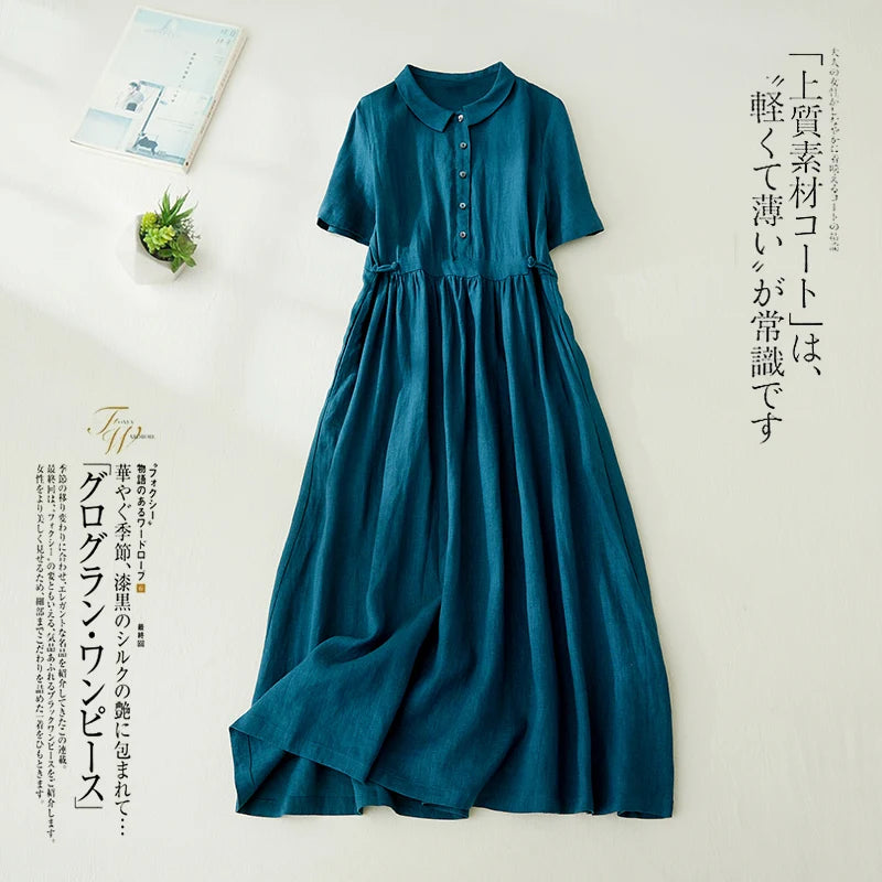 Limiguyue Cotton Linen Korean Dress Women Summer Short Sleeve Long Shirt Dress Soft Blue Vintage Long Vestidos Office Lady U471