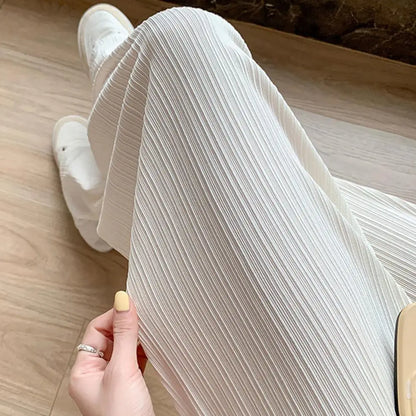 Women Pants High Waist Elastic Waistband Summer Pants Ribbed Thin Full Length Breathable Ice Silk Straight Wide Leg Pants