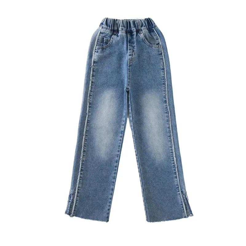 2024 New Fashion Teenage Girl Denim Wide Leg Pants Children Trousers Spring Autumn Girls Jeans 5 6 8 10 12 14 Years Kids Clothes