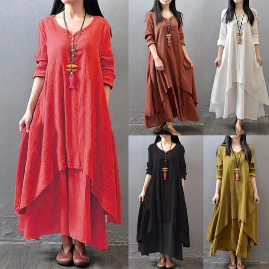 Anself Spring Fashion Women Casual Loose Dress Solid Color Long Sleeve Oversized Ladies Dresses Plus Size Boho Long Maxi Dress