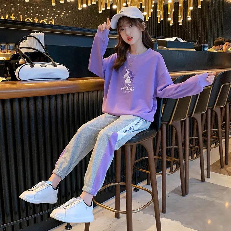 Spring Autumn Teenager Girls Clothing Sets Cute Unicorn Long Sleeve Sweatshirt + Pants 2Pcs Outfits Kids Tracksuit 4 6 8 10 Year