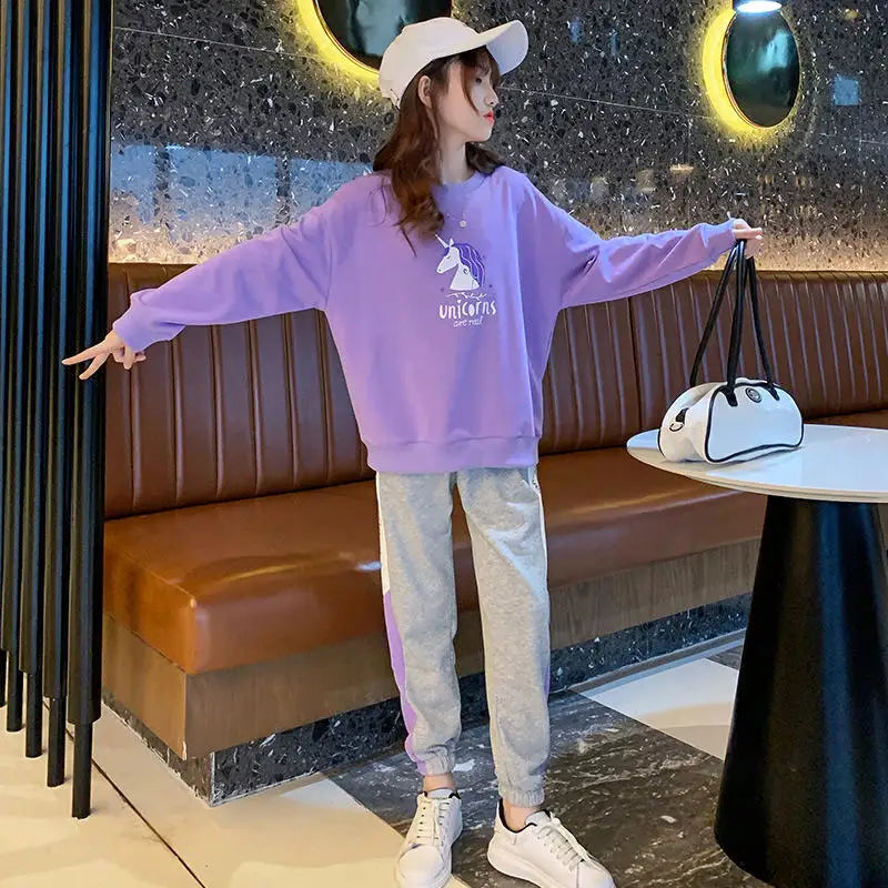 Spring Autumn Teenager Girls Clothing Sets Cute Unicorn Long Sleeve Sweatshirt + Pants 2Pcs Outfits Kids Tracksuit 4 6 8 10 Year