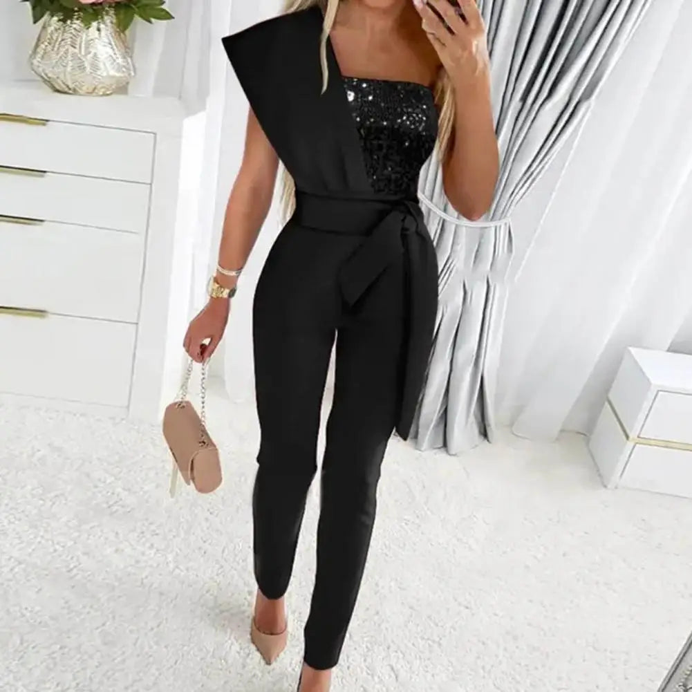 Dressing Up Ankle-Length Sequin Patchwork One Shoulder Party Jumpsuit Daily Wear