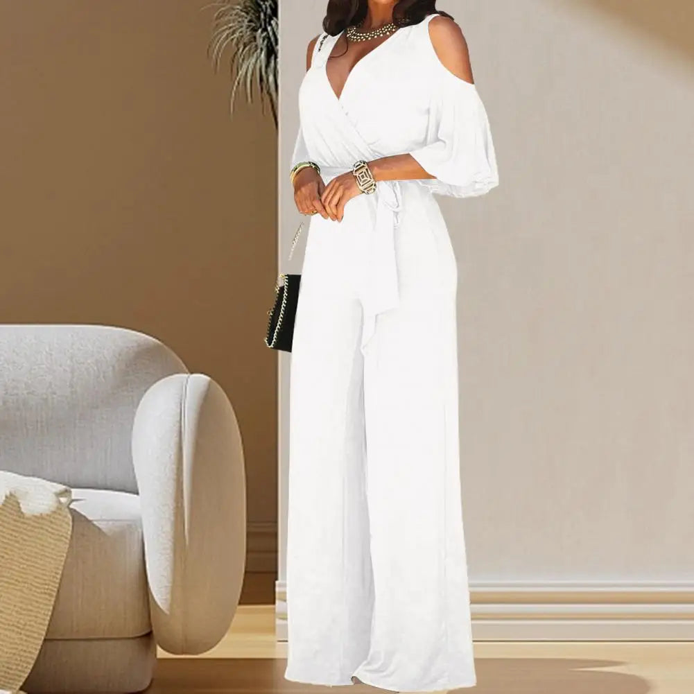 2023 Spring And Autumn Women's Jumpsuit Hollowed Out Strapless Solid Color Women's Jumpsuit V-neck High Waist Belt Wide-leg Pant